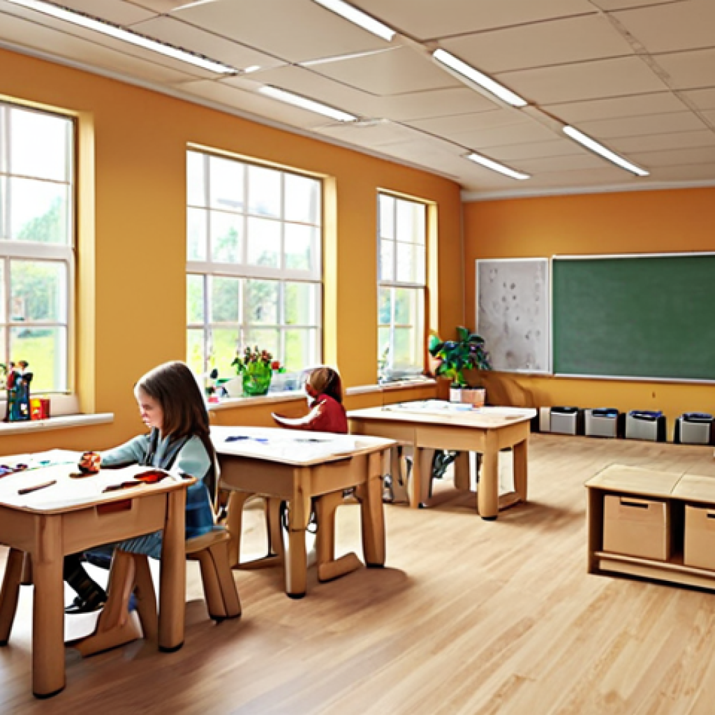 **

A bright, creative classroom filled with children happily engaged in various activities like drawing, reading, and building with blocks. The classroom has large windows allowing natural light in, potted plants, and furniture made of natural materials. No visible electronic devices. The scene evokes a sense of calm and focus, emphasizing creativity and imagination.

**