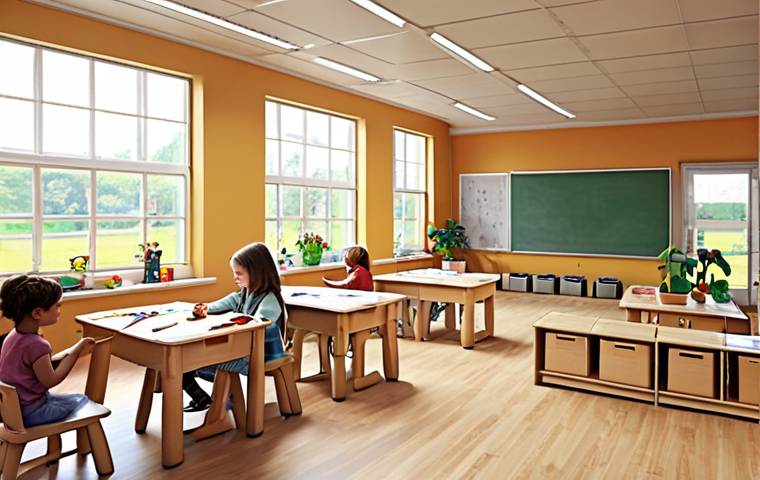 **
A bright, creative classroom filled with children happily engaged in various activities like drawing, reading, and building with blocks. The classroom has large windows allowing natural light in, potted plants, and furniture made of natural materials. No visible electronic devices. The scene evokes a sense of calm and focus, emphasizing creativity and imagination.
**